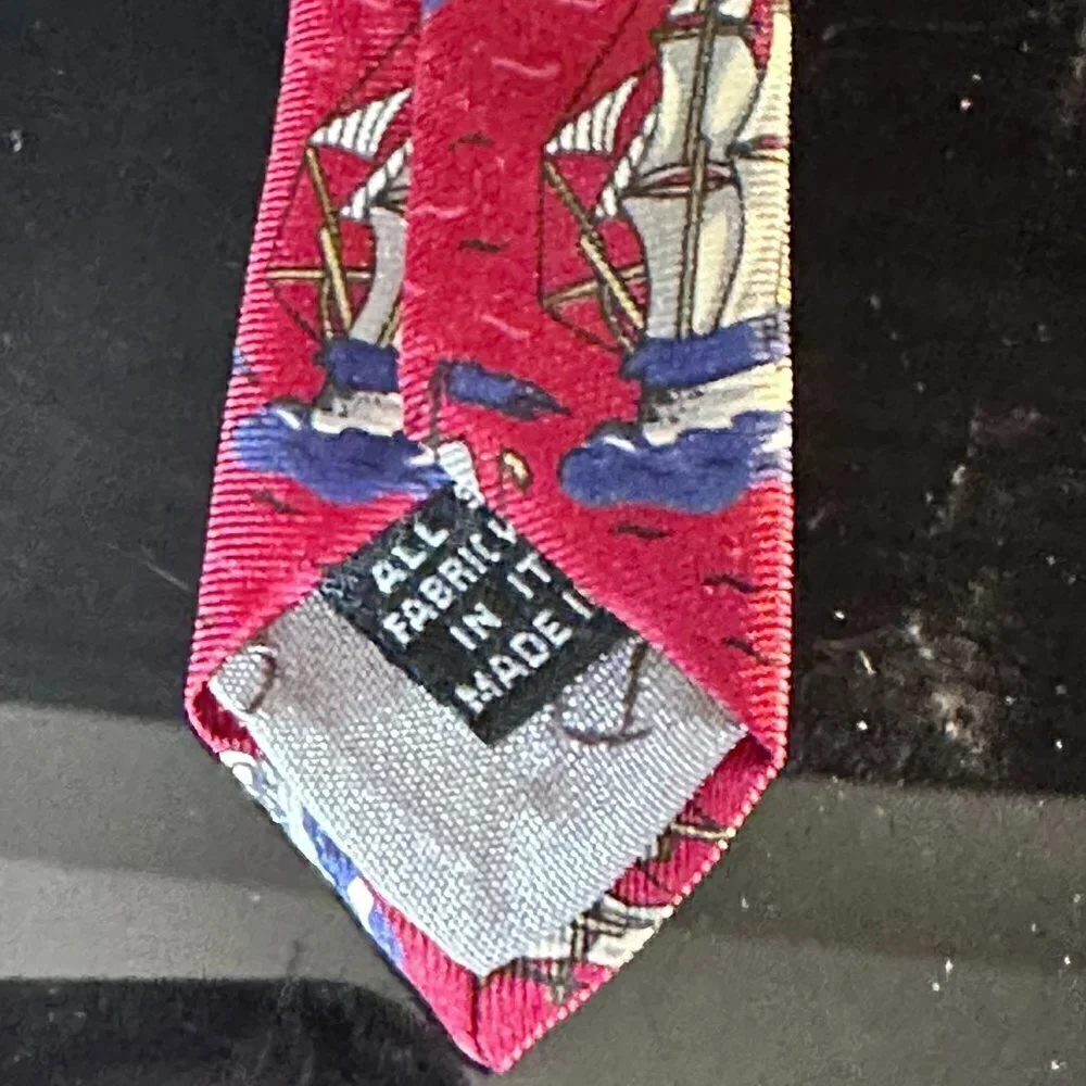 Dior Mid Century Modern Neckwear Tie 100% All Silk Red Sailboat Schooners Ship